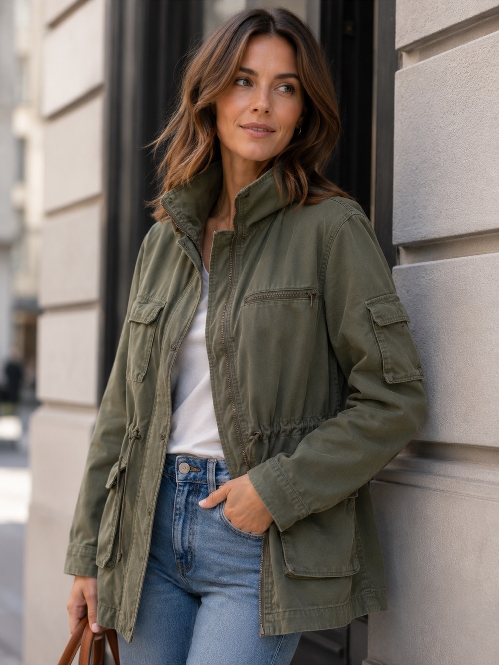 Divided H&M Olive Utility Army Field Jacket Women Casual Lightweight Coat Green